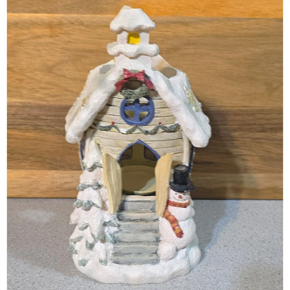 Ceramic Christmas Winter Cottage House Tealight Candle Holder Music Box 8inches
